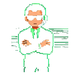 Pixel-art agent with arms crossed — the reviewer