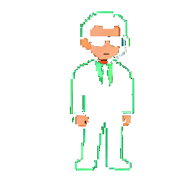 Pixel-art agent standing ready — the tester